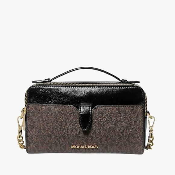 Michael Kors Jet Set Medium Logo Patent Double Zip Camera Bag Crossbody Purse MK - Picture 1 of 12